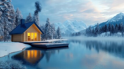 Obraz premium A cabin is on a lake with a mountain in the background