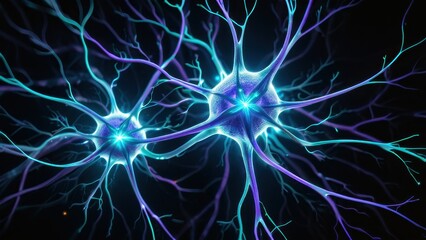 A vibrant and dynamic close-up of a neuron highlighting its intricate pathways in shades of blue and purple against a black background, perfect for scientific or abstract themes