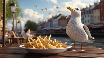 A seagull steals fries from a plate in the outdoor area of a restaurant.