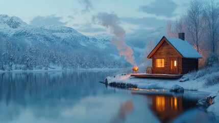 Fototapeta premium A cabin is on a lake with a fire burning in the fireplace