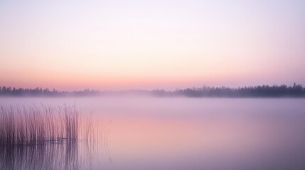 Fototapeta premium A serene hazy sky at twilight with soft lavender and peach tones blending into the mist, creating a quiet and calming mood