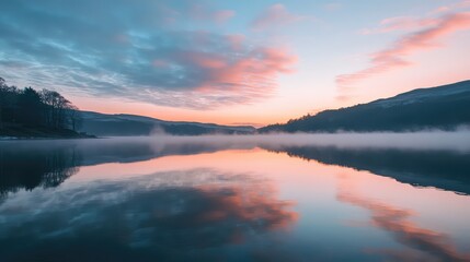 Obraz premium A serene sky over calm water at dawn, with soft pink and blue hues reflecting on the glass-like surface of the lake