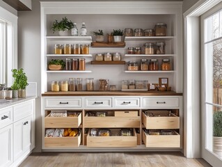 Fototapeta premium Functional pantry featuring smart storage solutions, such as pull-out shelves and drawer organizers