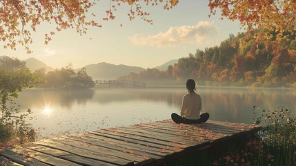 A serene scene unfolds by a tranquil autumn lake, where a young woman sits in a peaceful meditative pose
