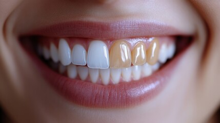 Fototapeta premium Close-up of a woman's smiling mouth showing half of her teeth whitened and half yellow.