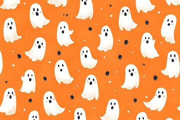 Halloween-themed pattern made of cute ghosts and pumpkins on an orange background, a flat-lay top-view pattern wallpaper banner with a copy space area.