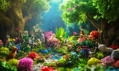 Fairy figurine in a colorful miniature garden.