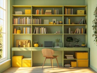Functional study room with olive green shelving and light yellow decor