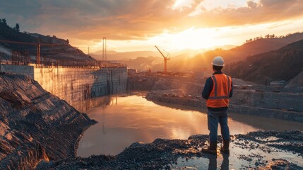 Fototapeta premium Construction Worker at Sunset by the Water