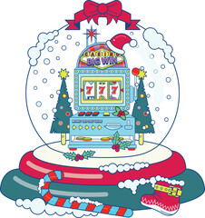 Christmas snow globe with a slot machine and lucky 7 in it.