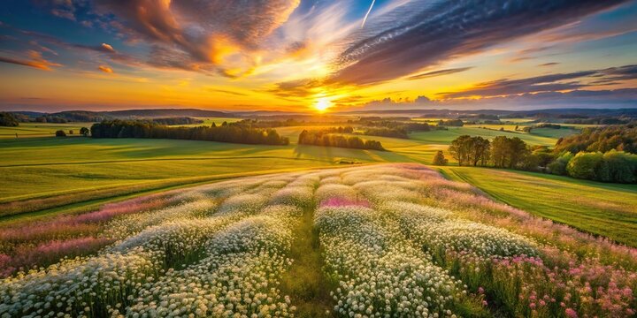 Tranquil sunset over wildflower meadow showcase