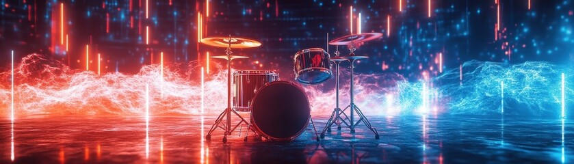 Drum Set with Neon Lights and Fog Effect