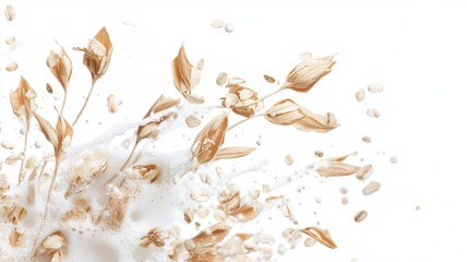 Fototapeta premium Falling oat flakes with milk splash on white background,Rolled oats falling into splashing milk,Dried oat plant Organic vegan liquid,Healthy breakfast meal,milkshake,yogurt spiral,diet drink.