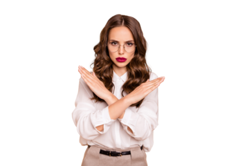 Portrait of her she nice-looking attractive lovely glamorous gorgeous strict gloomy wavy-haired lady showing ban sign symbol denial isolated over beige pastel background