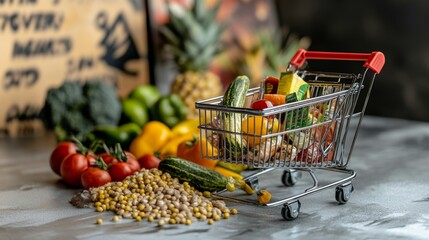 Miniature Shopping Cart with Fruits and Vegetables