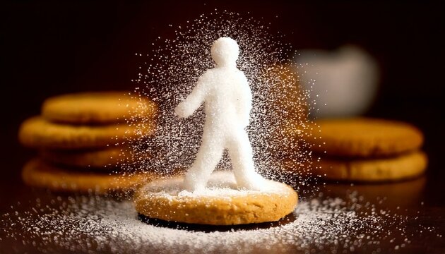 generative AI. Granulated sugar in the shape of a human walking on cookies. Illustration world diabetes day
