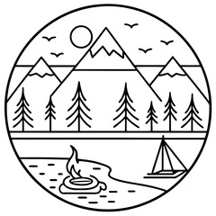 Forest Camp by the Lake - Vector Art