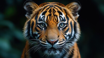 Fototapeta premium A close-up portrait of a tiger with piercing blue eyes and a soft expression staring directly at the camera.