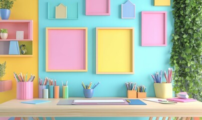 Pastel colored desk with colorful supplies and frames.