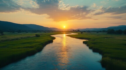 Fototapeta premium Sunset Over Serene River Landscape