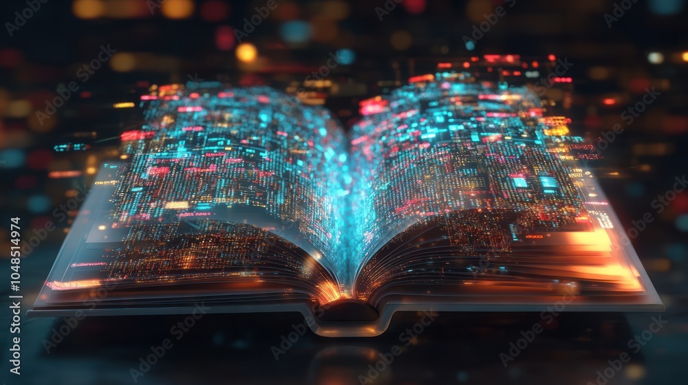 Poster an open book with pages turning into digital data streams, representing the integration of technolog