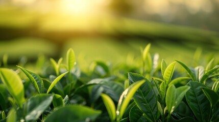 Obraz premium Green Tea Leaves in the Sunset Light