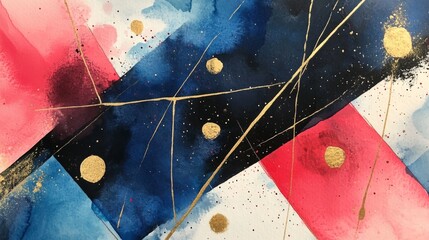 A captivating abstract artwork showcases a blend of rich red, blue, and black watercolors, intricately outlined with golden geometric shapes and dotted accents that add texture and depth.