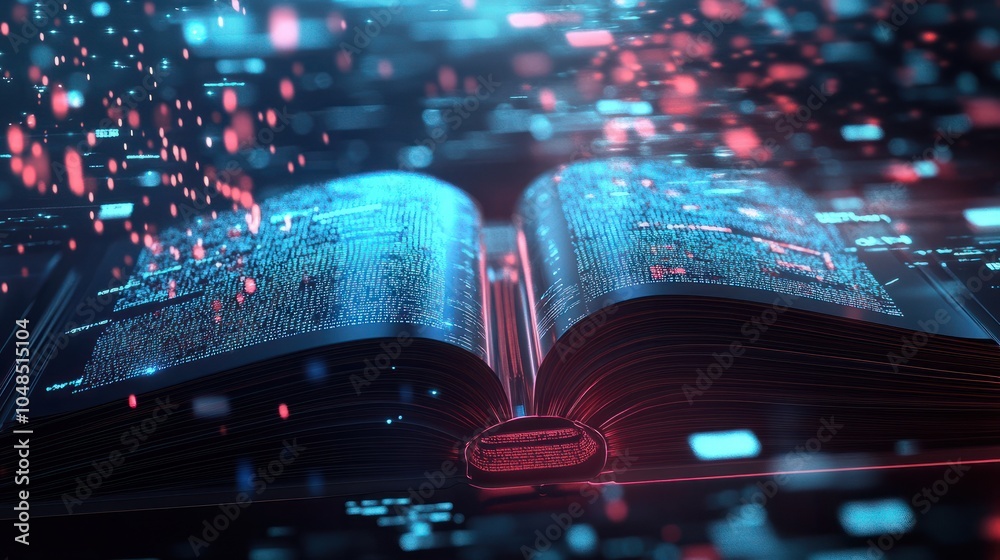 Poster an open book with pages turning into digital data streams, representing the integration of technolog