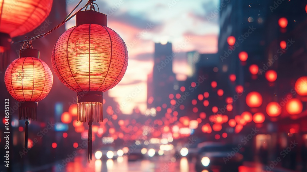 Wall mural brightly lit red lanterns hanging in rows along a busy street during the chinese new year festival, 