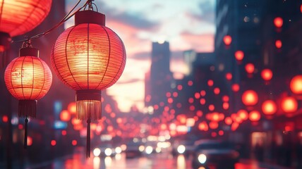 Brightly lit red lanterns hanging in rows along a busy street during the Chinese New Year festival,...