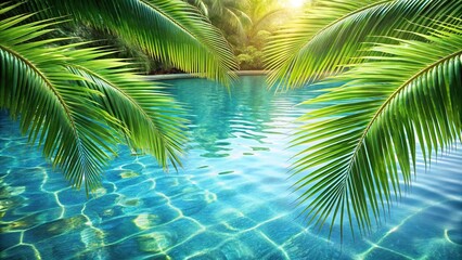 Tranquil tropical oasis pool with palm tree leaves shimmering water and gentle breeze
