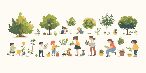 vector set of men and women planting trees together