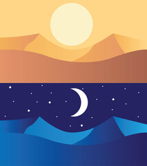 Day and Night in the Desert Landscape Set. Nature and passing of time vector art