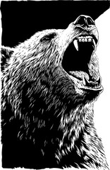 Black and white vector illustration of a roaring bear.