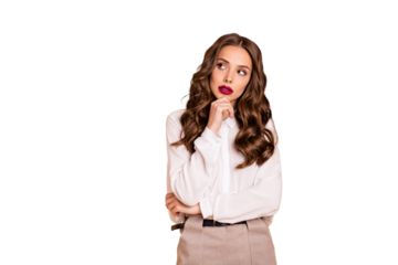 Portrait of her she nice-looking attractive lovely chic gorgeous glamorous pretty winsome shine content minded well-groomed wavy-haired lady deciding isolated over beige pastel background