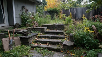 Naklejka premium An overgrown garden with neglected plants and broken garden tools, showcasing the result of a failed gardening effort.