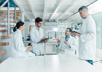 Group, scientist and medical research in chemistry lab for science experiment in pharmaceutical....