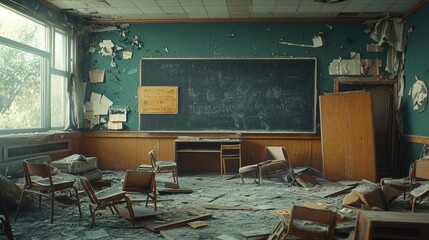A classroom with overturned chairs and a disheveled chalkboard, depicting the aftermath of a failed lesson or teaching experience.
