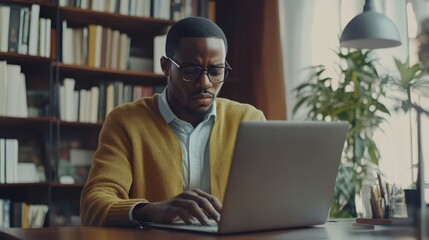 Focused young man working on a laptop in a cozy home office