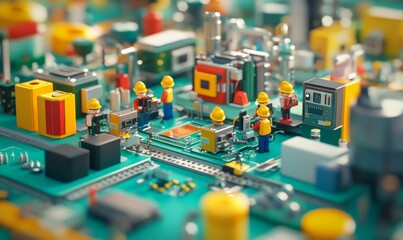 Obraz premium Toy workers building a circuit board.