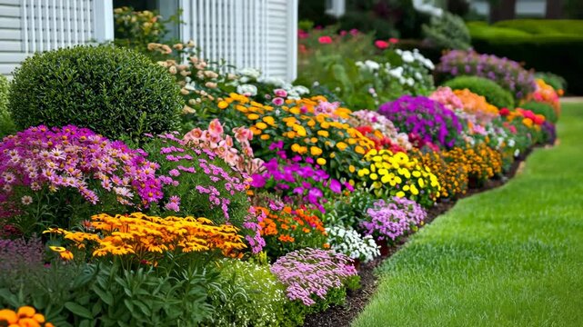 A vibrant flower bed bursts with color in front of a house, showcasing a variety of blooms, including yellow, pink, purple, and orange