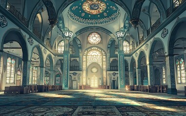Fototapeta premium Church Interior with Stained Glass and Sunlight