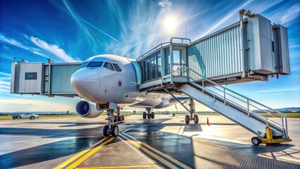 A telescopic gangway stands ready at the airport, framed by an airplane in the background, creating a vivid high depth of field image showcasing travel excitement.