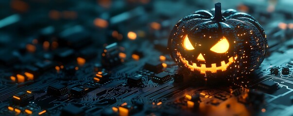 Halloween pumpkin on a circuit board, a technology concept background. A glowing jack-o'-lantern with glowing eyes and mouth on a computer-printed circuit.