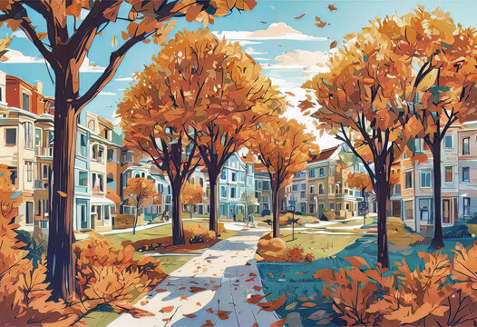 Parque urbano en oto&ntilde;o con &aacute;rboles de hojas doradas y edificios residenciales bajo un cielo claro.