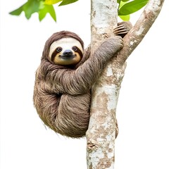 Fototapeta premium A sloth hanging from a tree, smiling lazily, on white