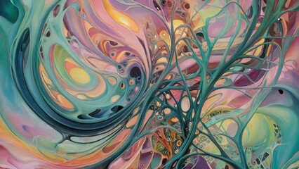 Abstract colorful swirl with organic forms and vibrant hues, portraying emotion and fluid movement in a dynamic composition
