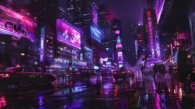 Cyberpunk city street night scene neon lights futuristic urban landscape rainy reflections
