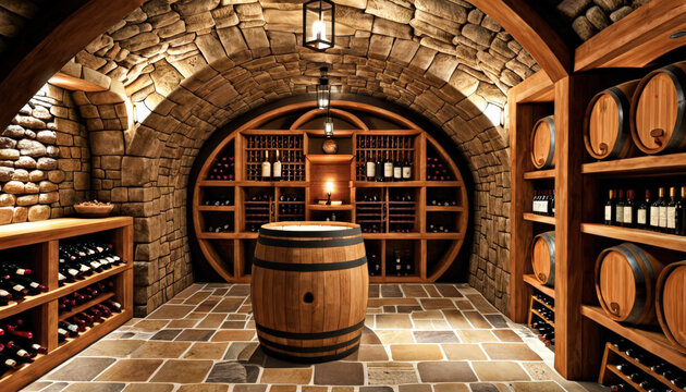 Ilustraci&oacute;n de una bodega de vino con estantes de madera y piedra, barriles y botellas organizadas bajo luz tenue.