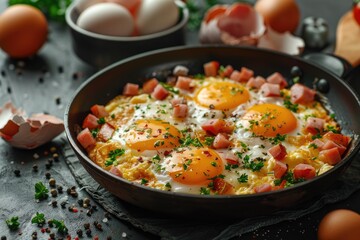 Fried eggs with ham in a pan. Scrambled eggs with tomatoes and greens on dark table background. Breakfast